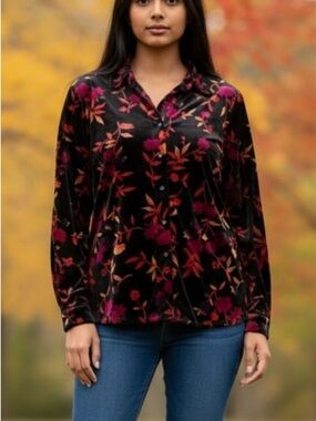 COLDWATER CREEK Fall Black Pink Orange Velvet Holiday Shirt Jacket Womens M